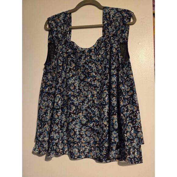 Skye’s the Limit Blue Floral Sleeveless Blouse Lace Trim Boho Tank Top Large - Picture 2 of 3